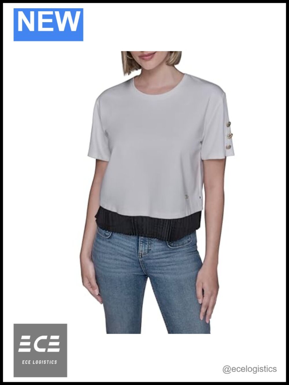 Pleated Border Short Sleeve Crewneck Essential T-Shirt Fitted